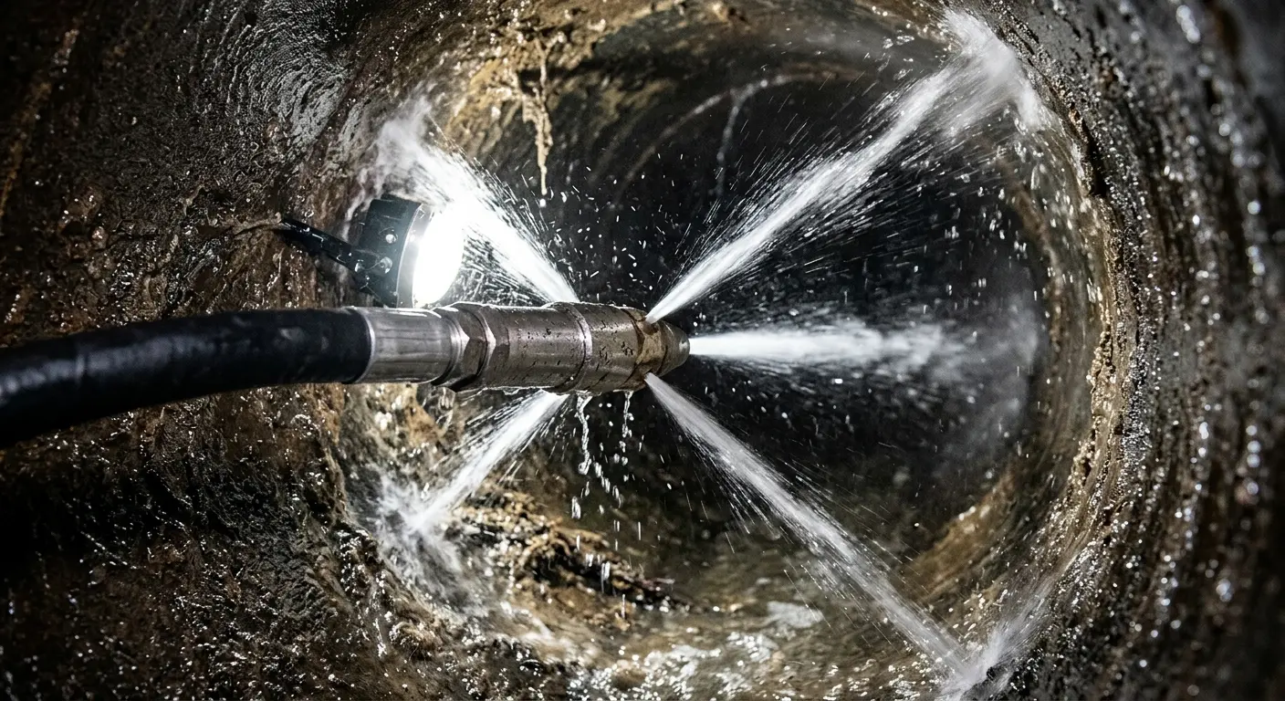 High-pressure hydro jetting nozzle cleaning sewer pipe for Emergency Drain Service in Grand Island