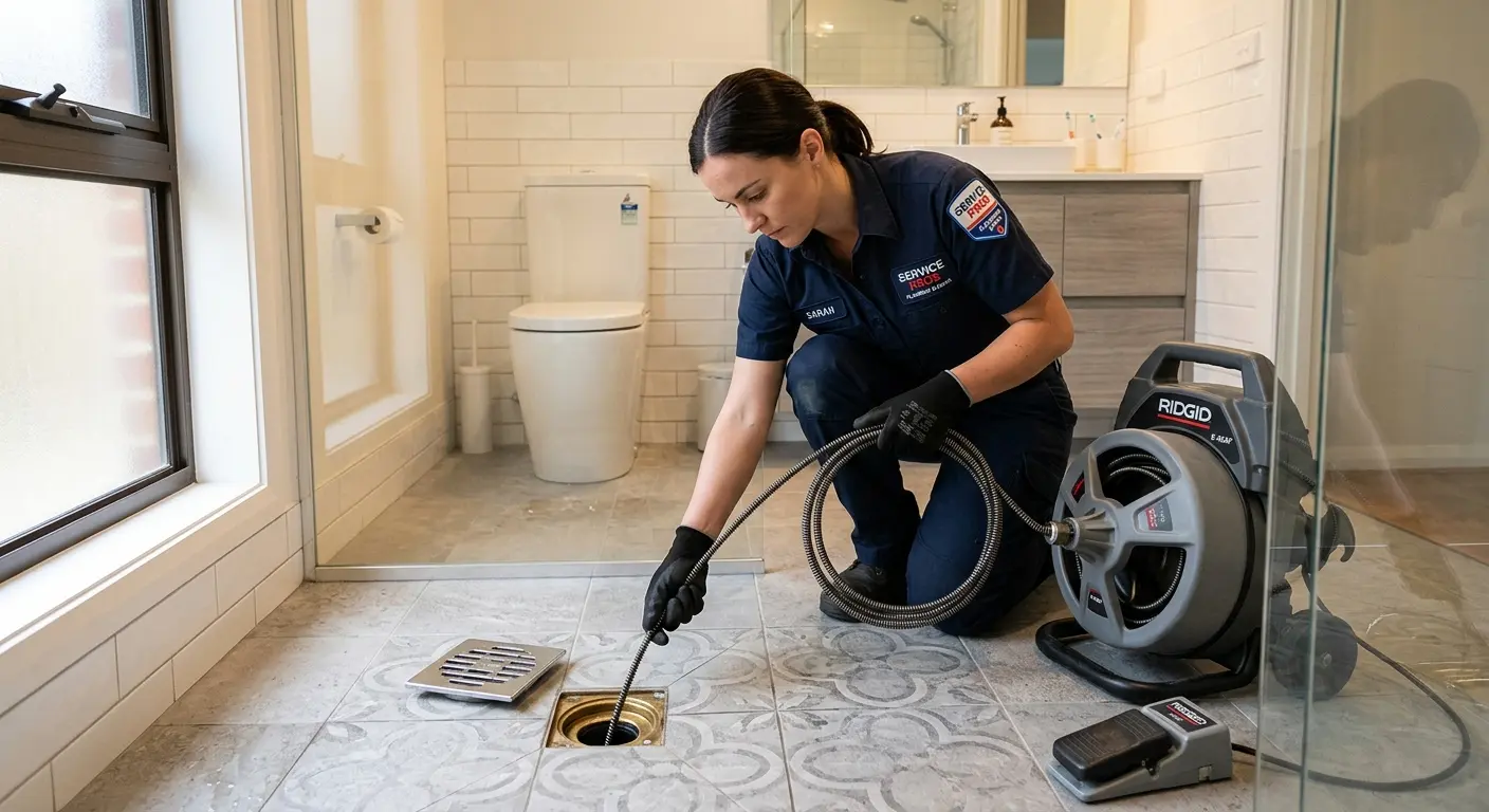 Technician clearing a bathroom floor drain for Hydro Jetting in Grand Island